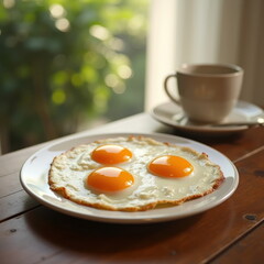Warm Breakfast Scene with Sunny-side-Up Eggs and Morning Light. Generative AI