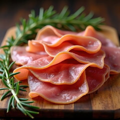 Delicious Slices of Prosciutto Ham on Wooden Board with Fresh Rosemary. Generative AI