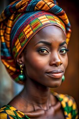Portrait of black woman in colorful traditional clothing with confident expression. Generative AI