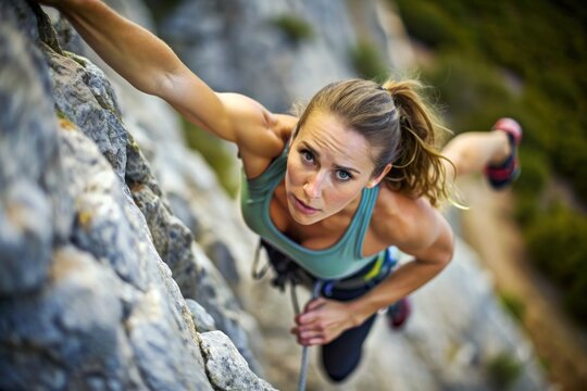 Female climber on a rocky wall. Generative AI