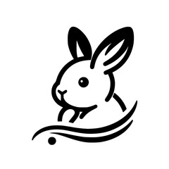 Obraz premium Stylized black and white rabbit logo, minimalist design with clean lines, curved illustration of a rabbit's profile, on a white backdrop.
