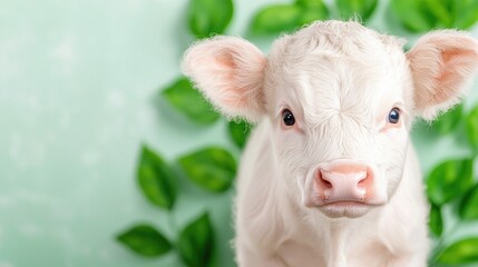 Adorable white calf amidst green leaves; spring farm