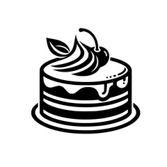 Simple Black & White Cake, Minimalist Vector Illustration of Layered Dessert with Cherry & Cream.