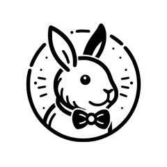 Dapper rabbit wearing a bow tie against a white background in a circular frame.