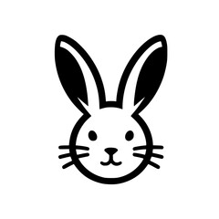 Minimalist Black and White Bunny Head Icon: Smiling, symmetrical, simple, elegant, playful.
