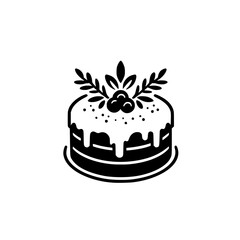 Black-and-white Illustration of a Christmas Cake adorned with berries and greenery.