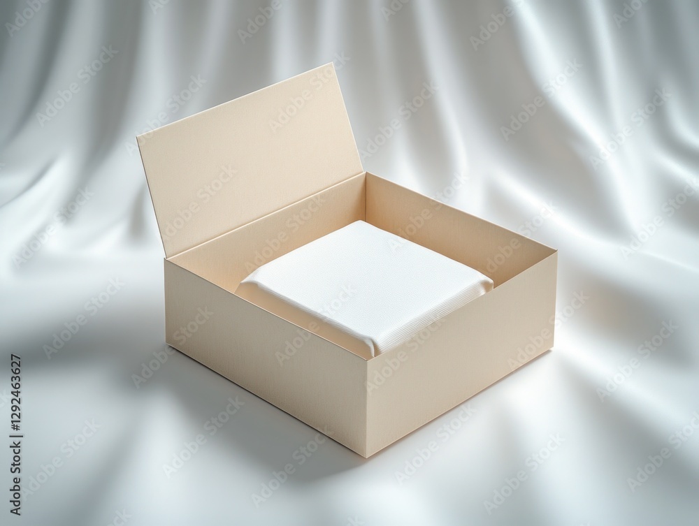 Poster minimalistic open cardboard box with white paper inside soft lighting high contrast elegant design