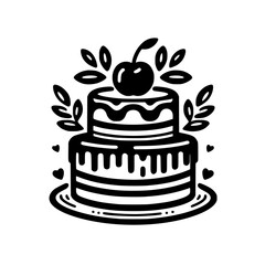 Minimalist illustration of a two-tiered cake with cherry on top, with a floral theme.
