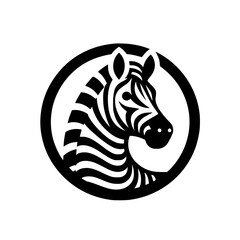 Vector illustration of a black and white zebra head within a black circle, isolated on a white background.
