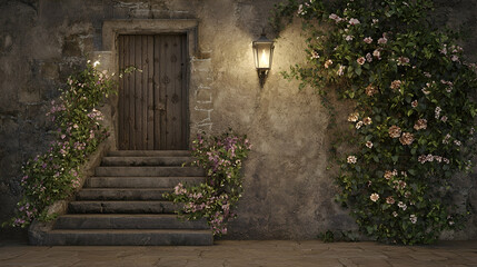 Romantic stone steps, flowers, old door, night