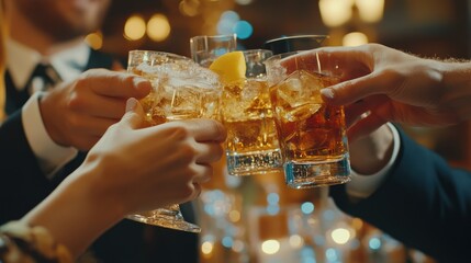 Friends toast cocktails, elegant bar, celebration, blurred background