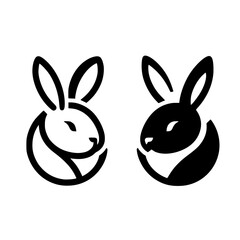 Minimalist Vector Illustration of Two Rabbit Heads, One Black, One White, Facing Each Other on White Background.