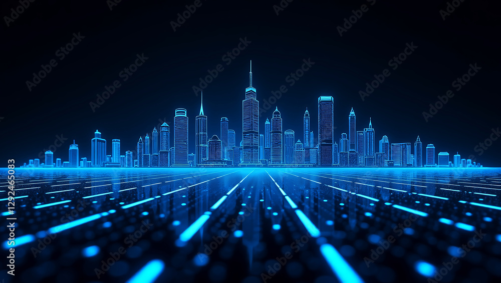 Poster blue abstract technology background with wavy data lines and holographic dots – futuristic digital g