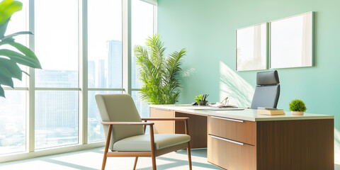 Fototapeta premium minimalist design meets a soft sage green wall, complemented by light wood accents and an olive green desk for a calming, professional vibe.