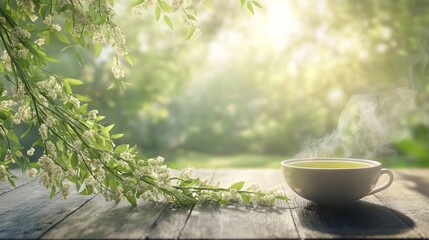 Fresh willow branches with seasonal flowers beside a steaming herbal tea, evoking nature's calm and renewal.