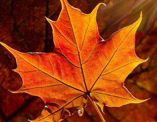 Fototapeta premium Close-Up of a Vibrant Maple Leaf with Detailed Veins and Rich Autumn Colors