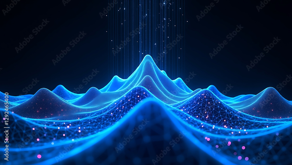 Poster blue abstract technology background with wavy data lines and holographic dots – futuristic digital g