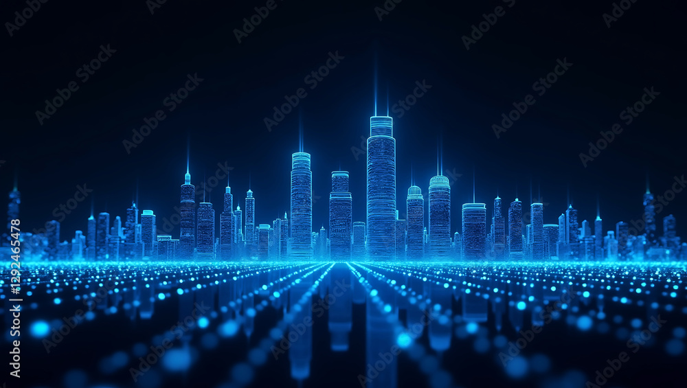 Poster blue abstract technology background with wavy data lines and holographic dots – futuristic digital g