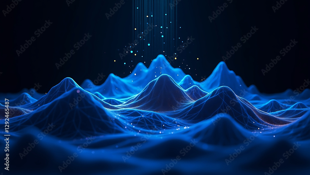 Poster blue abstract technology background with wavy data lines and holographic dots – futuristic digital g