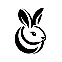 A minimalist monochrome depiction of a rabbit head, featuring a black and white composition.