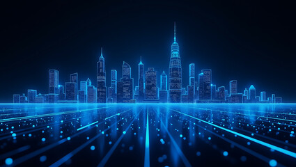 Blue Abstract Technology Background with Wavy Data Lines and Holographic Dots – Futuristic Digital Gradient Texture
