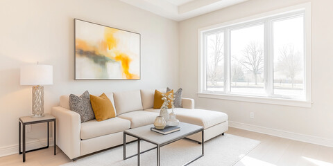 Modern Living Room Corner with Neutral Sofa and Abstract Art