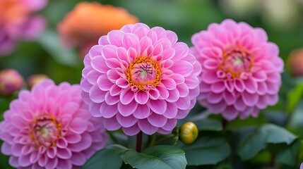 Fototapeta premium Pink Dahlia Blooms in Garden Setting
