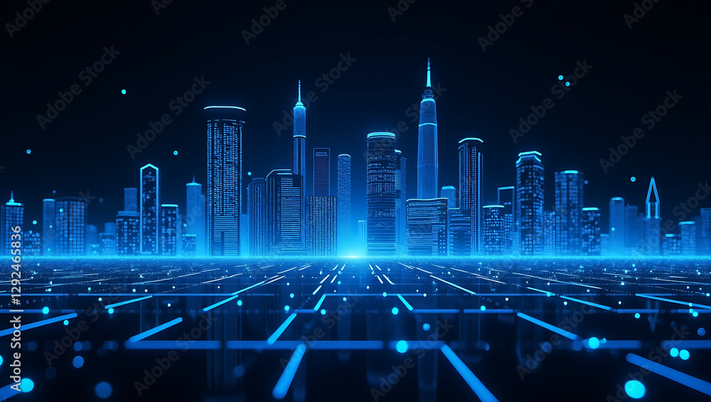 Poster blue abstract technology background with wavy data lines and holographic dots – futuristic digital g