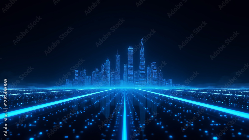 Poster blue abstract technology background with wavy data lines and holographic dots – futuristic digital g