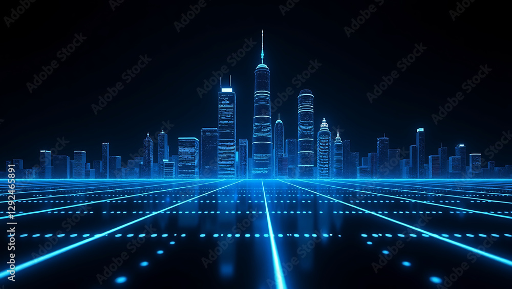 Poster blue abstract technology background with wavy data lines and holographic dots – futuristic digital g