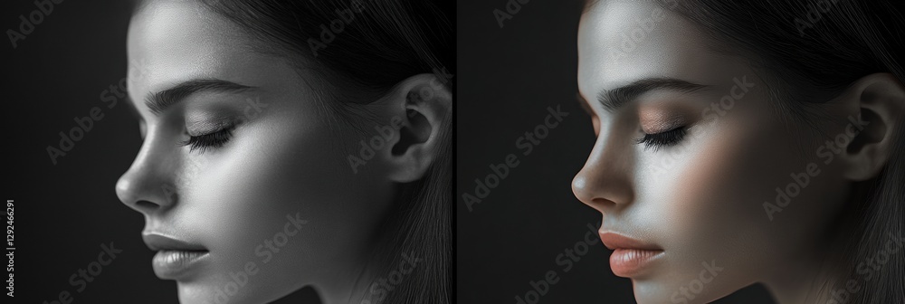 Leinwandbilder mood transformation showing a grayscale sad expression and a vibrant, colorful smile side by side. g