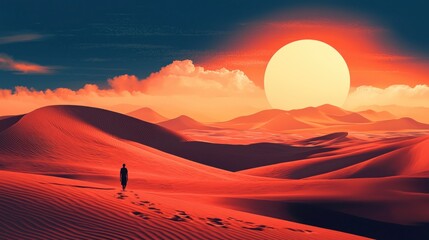Solitary Figure Walking in Desert Landscape at Sunset
