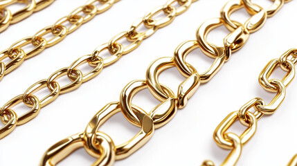 Obraz premium Realistic isolated gold vector jewelry chain set. 3d golden crossing metal jewellery object border decoration. Luxury stripe image design of yellow chunky link line on transparent background.