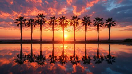 Sunset Reflection with Palm Trees at Ocean's Edge