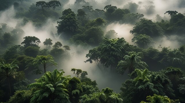 Vista a&eacute;rea de uma floresta trop&iacute;cal &uacute;mida, envolta em nevoeiro.
