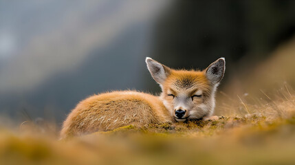 Fototapeta premium Sleeping fox kit in mountain meadow