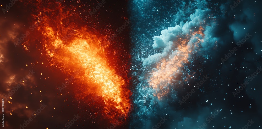 Poster fiery energy collision abstract graphic with clouds and particle effects