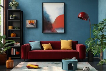 Modern living room with colorful decoration sofa bright interior design plants furniture art shelf