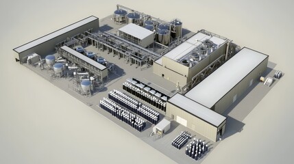 Aerial view of an industrial facility with storage tanks and processing equipment.