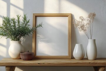 Minimalist Christmas Greeting Card Stationery Mockup on Wooden Table with Pine Tree Branches and Paper Ornaments