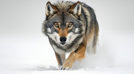Naklejka premium A wolf walking through snow, showcasing its powerful presence in a winter landscape.