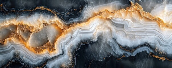 Obraz premium Polished Agate Stone Close-up with Black White and Gold Swirls and Textures