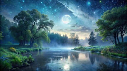 Serene Night River Scene Magical Moonlight Illuminates Misty Forest and Starry Sky