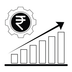 Indian Rupees business graph with arrow in Black & White