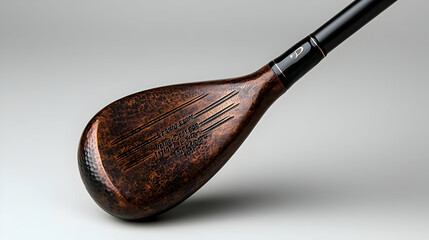 Antique golf club close-up, studio shot, wood grain detail, sports equipment