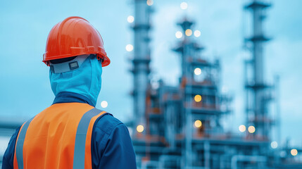 Natural gas worker stands outdoors industrial facility blur background.