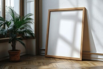 Minimalist Scandinavian Interior with Blank Picture Frame on Herringbone Floor