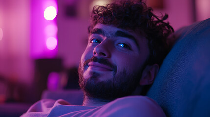 Close up of a happy man with short, curly hair and a beard sitting on a couch in a living room, generative AI