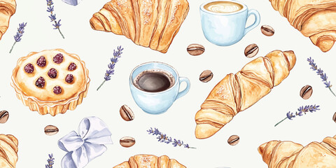 Watercolor breakfast seamless pattern. Food repeat background for kitchen, design, textile, packaging, fabric, wallpaper, packaging, branding, stationery, wrapping paper, interior decor