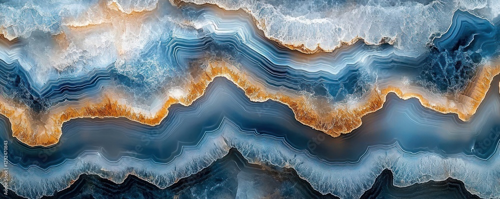 Poster natural agate stone close-up macro photography with intricate patterns in blue and grey backlit effe